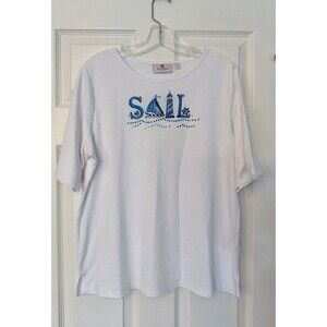 NWOT Quacker Factory Women’s embroidered Sail Boat Lighthouse top shirt LARGE